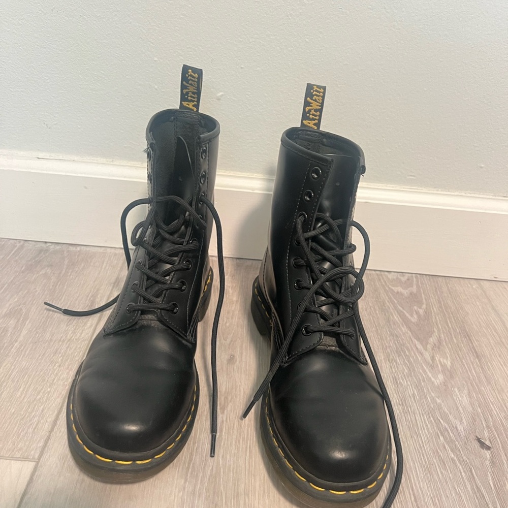 Dr. Martens Black Leather 8-Eye Lace-Up Combat Boots with Yellow Stitching